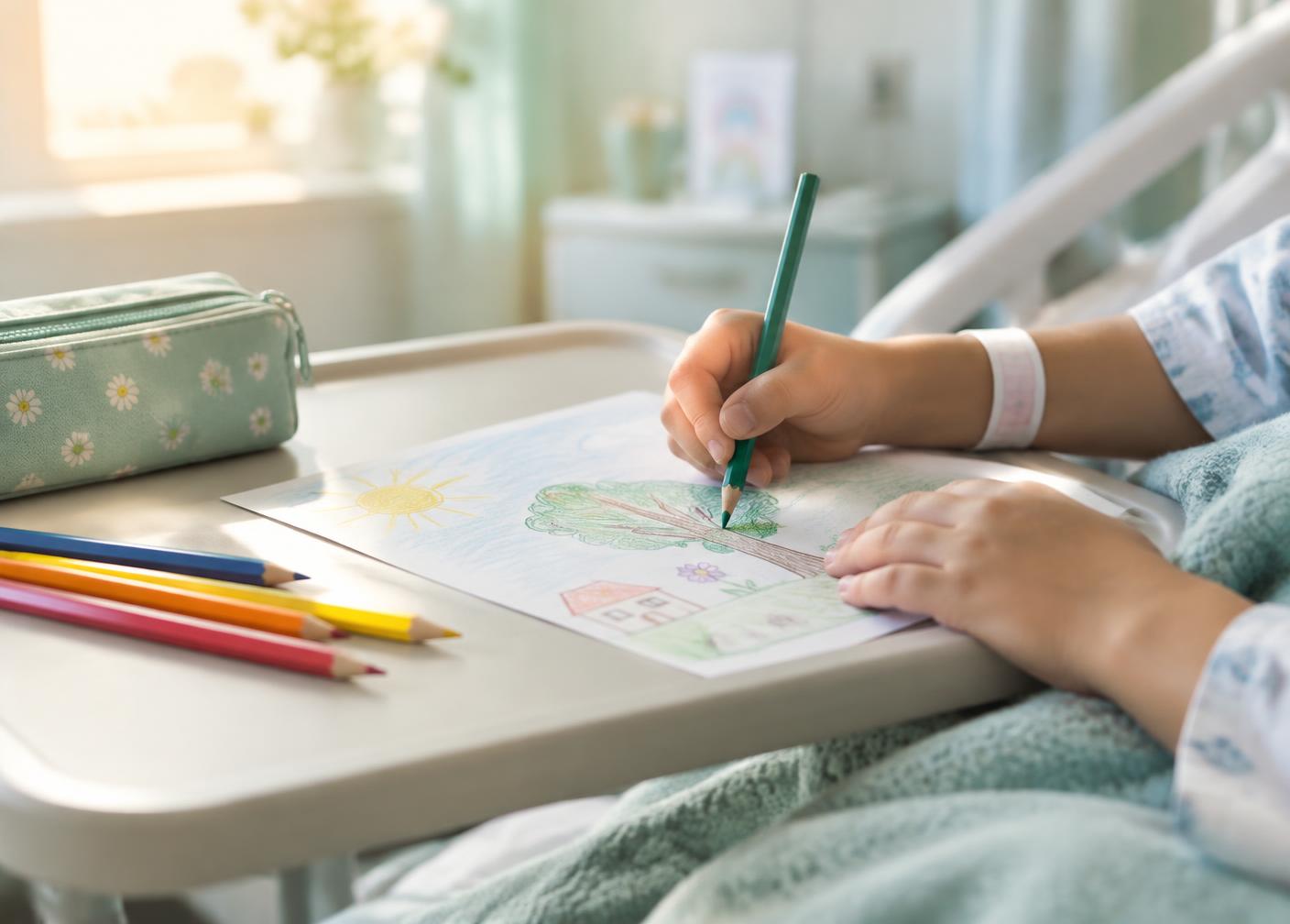 Niña dibujando en una habitación de hospital (fotografía provisional)